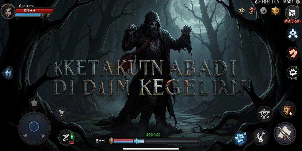 Screenshot gameplay 8HHH menampilkan suasana menyeramkan dan karakter mengerikan.