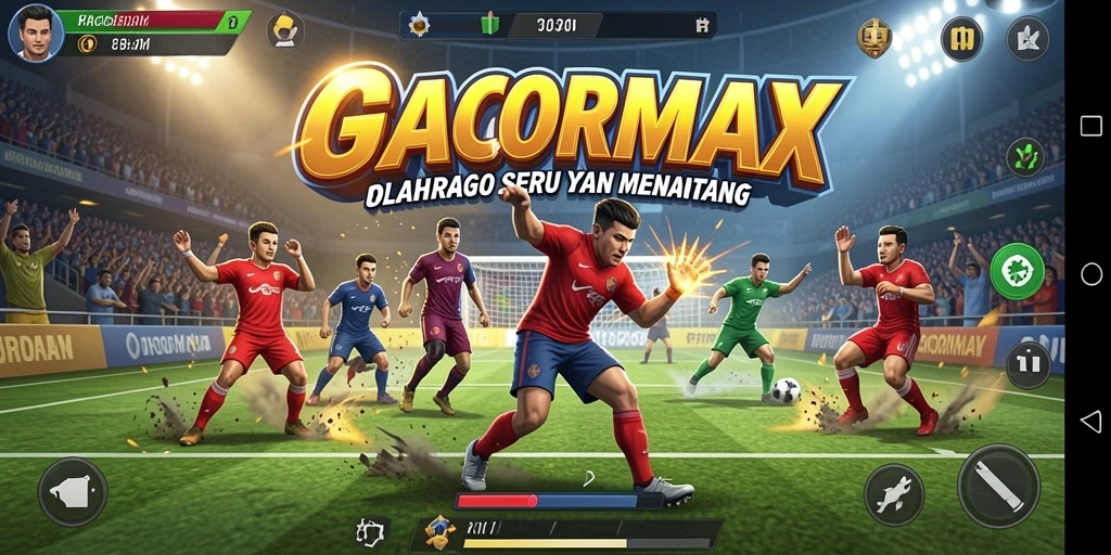 Screenshot utama GACORMAX yang menunjukkan aksi seru di lapangan olahraga.