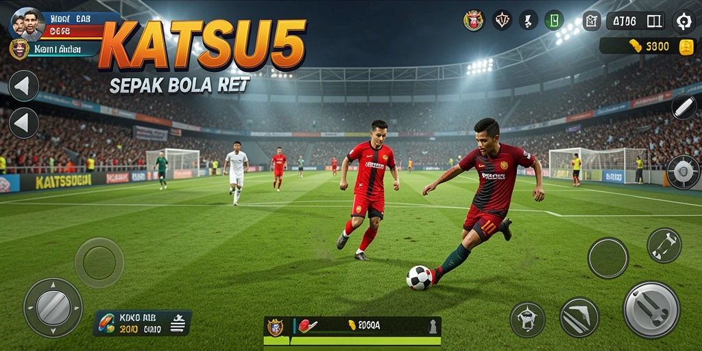 Screenshot gameplay KATSU5 yang menampilkan aksi seru di lapangan sepak bola.