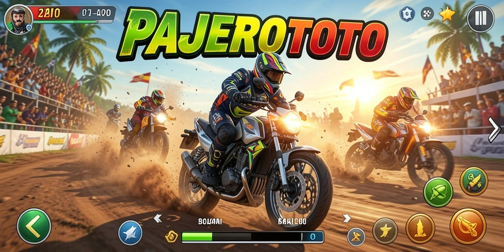 Screenshot gameplay PAJEROTOTO menunjukkan balapan motor yang mendebarkan.