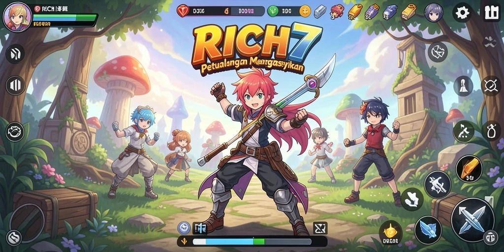 Screenshot utama RICH7 menampilkan aksi seru di dunia Anime.