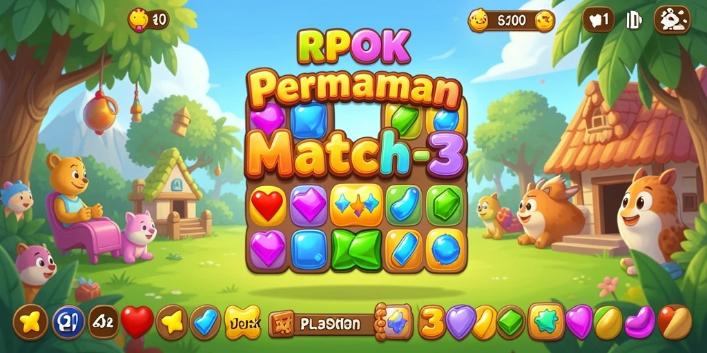 Tampilan menarik dari permainan Match-3 RPOK dengan grafis cerah.